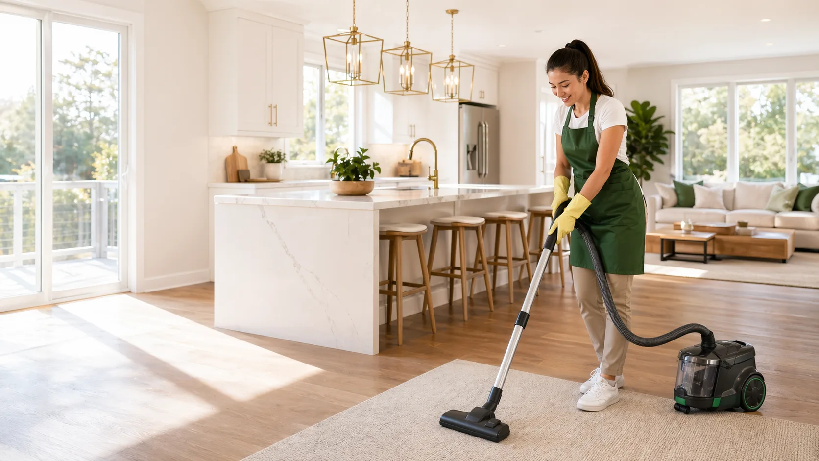 Professional cleaner vacuuming a bright Long Island home