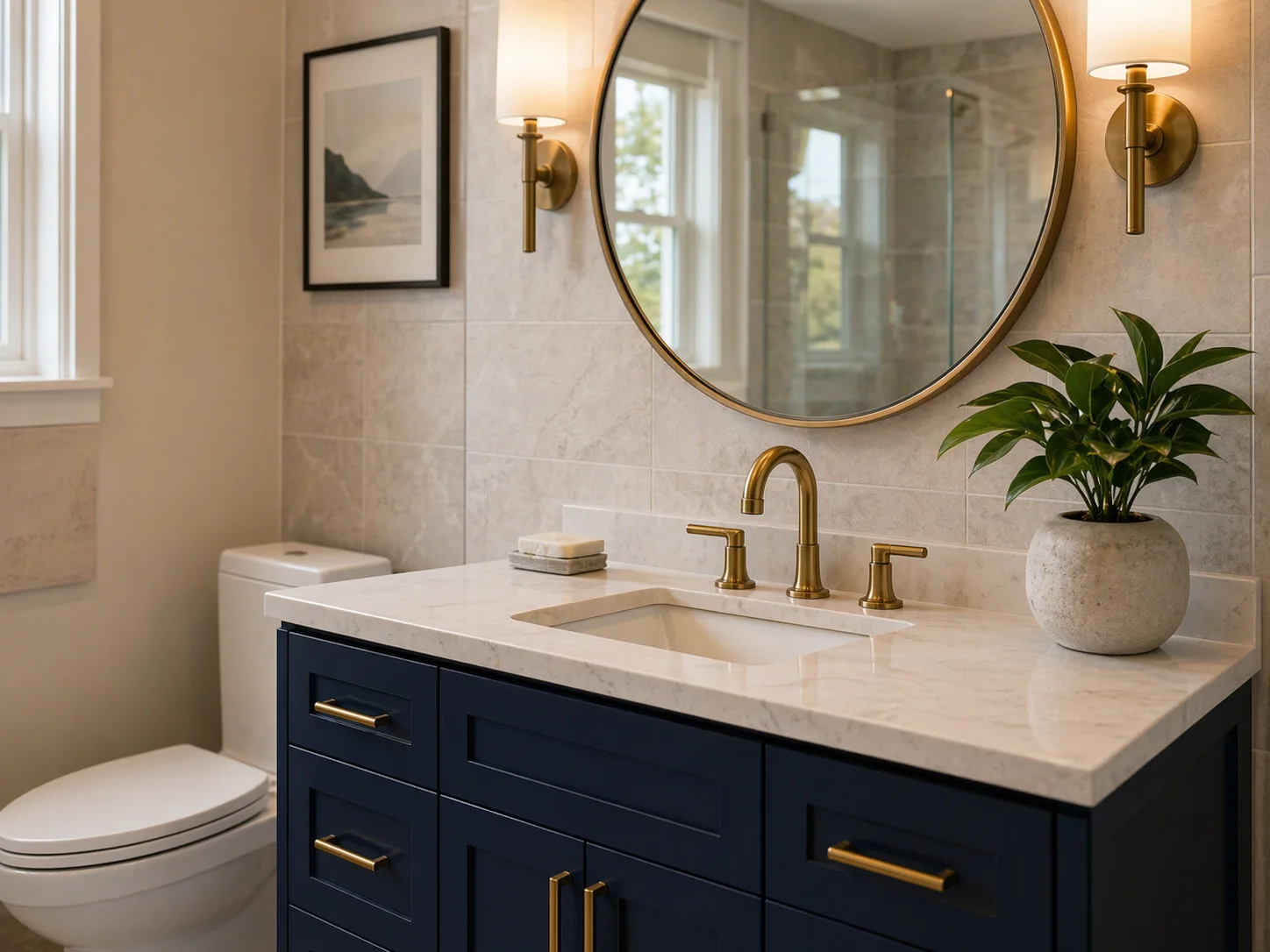 Modern bathroom renovation vanity with brass fixtures