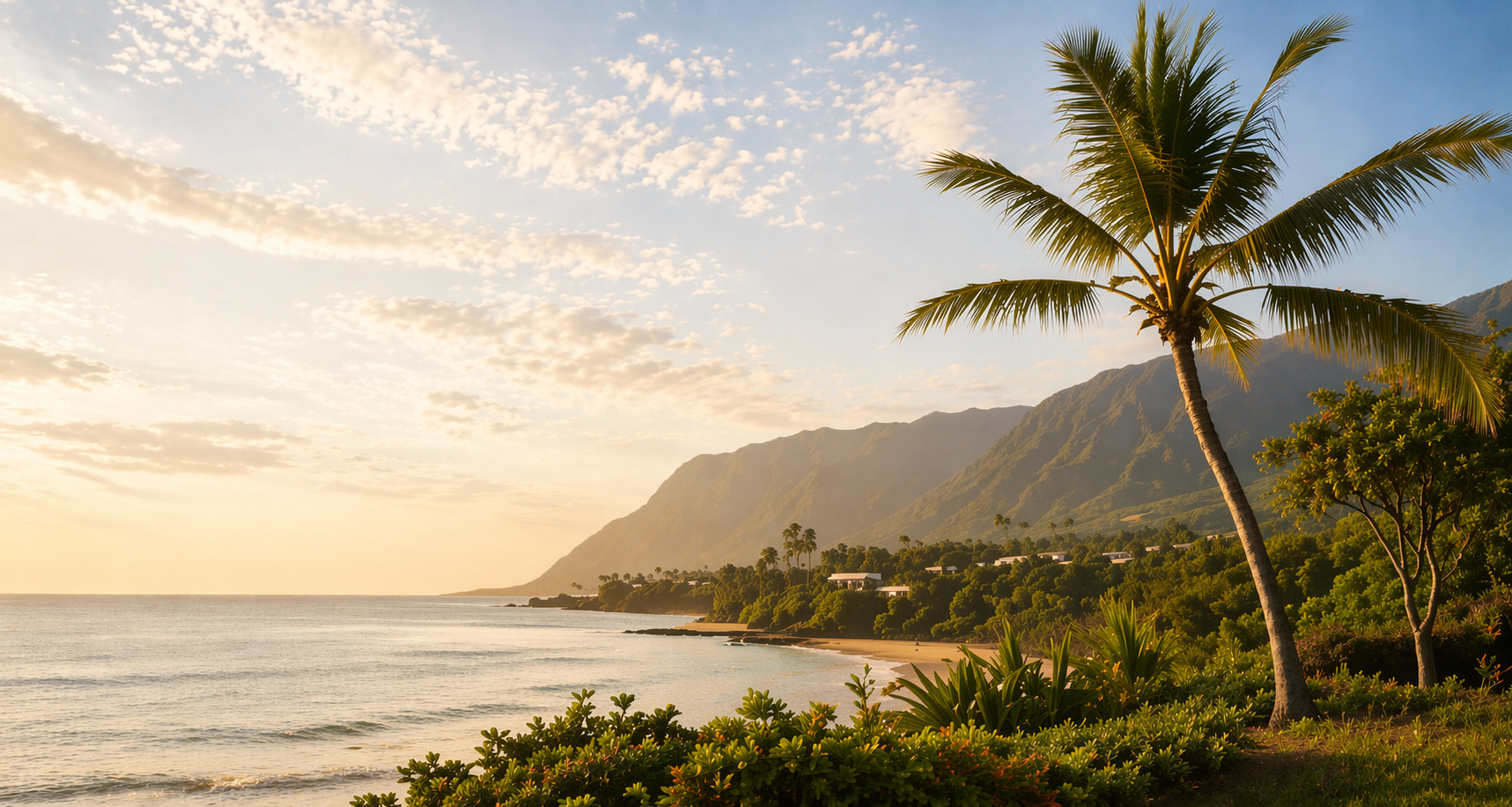 Golden-hour Maui shoreline with palm tree and mountain ridge