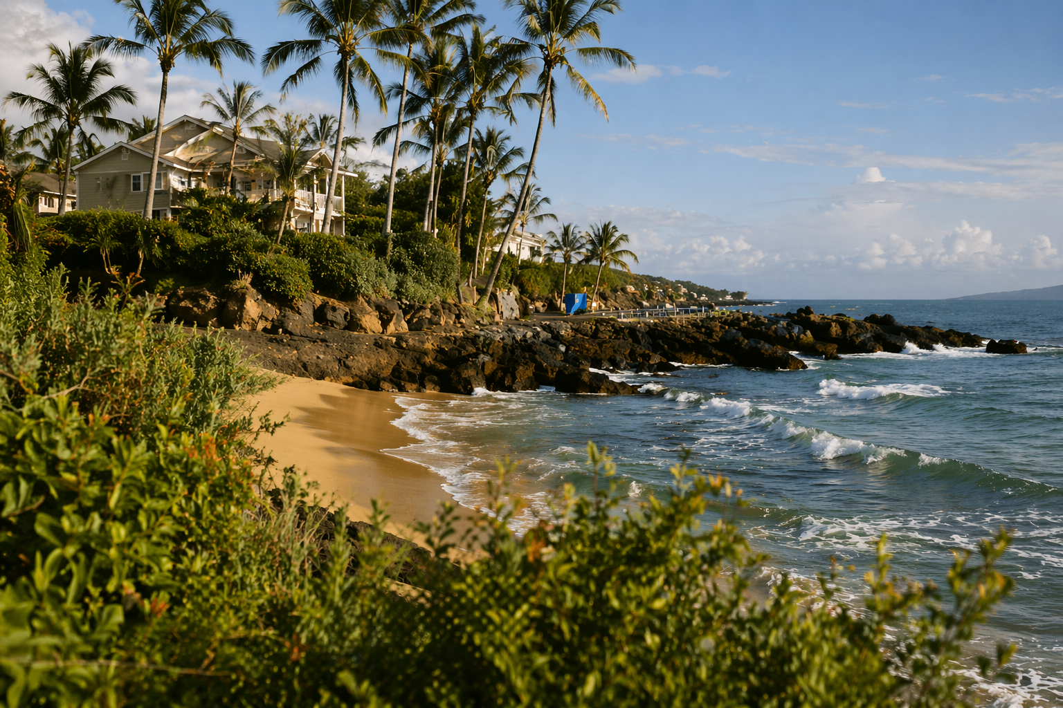 Palm-lined Maui shoreline beside oceanfront homes