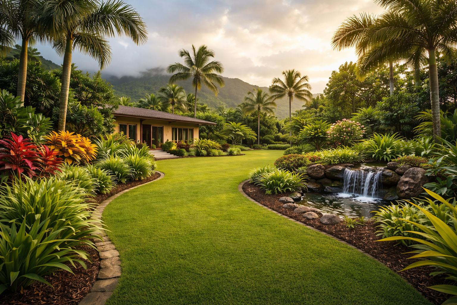 Tropical Oahu landscape with palms, a curved lawn, and a waterfall beside a home
