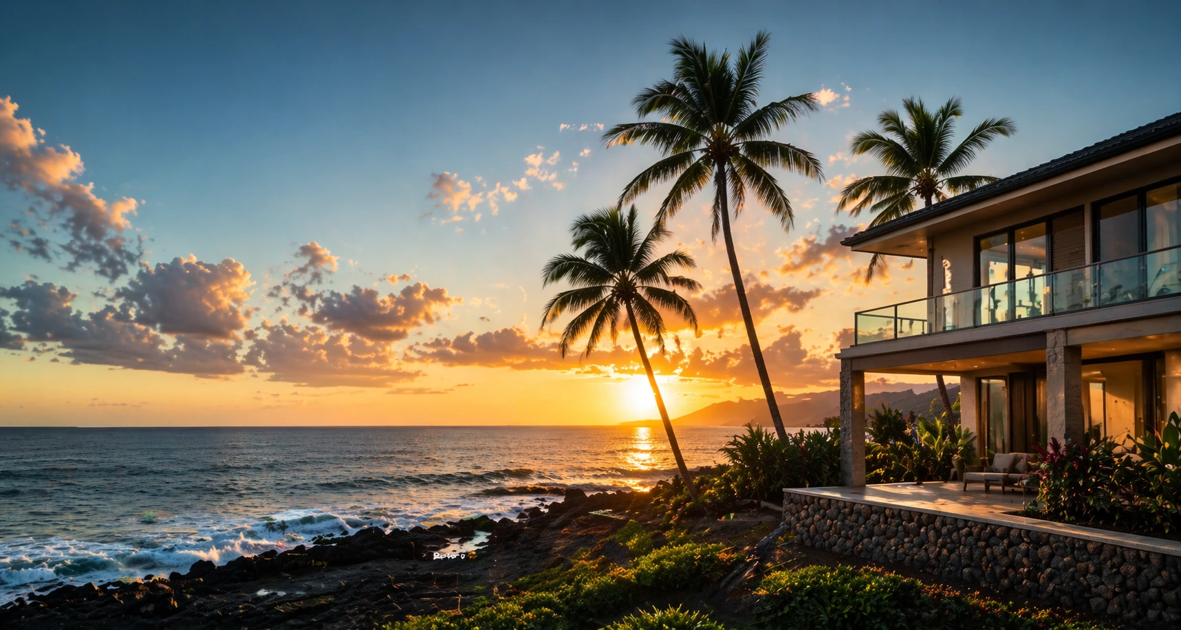 Oahu oceanfront home at sunset with palm trees and masonry terrace