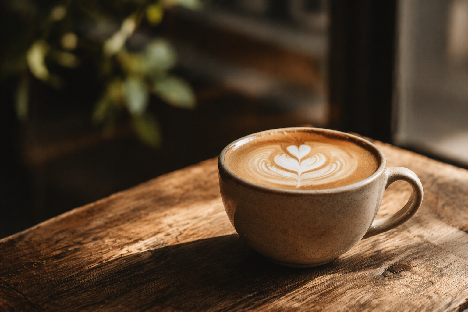 latte on a wooden table in warm sunlight