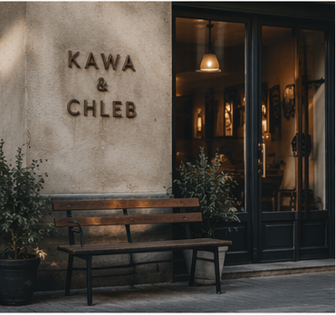 front facade of Kawa and Chleb with bench and warm interior lighting