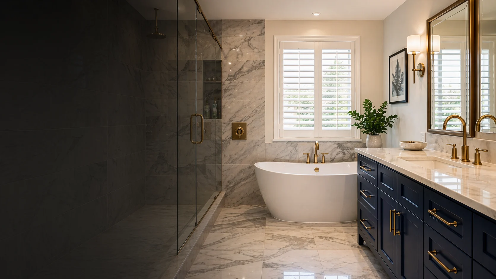 Luxury Long Island bathroom remodel with marble shower, freestanding tub, and navy vanity