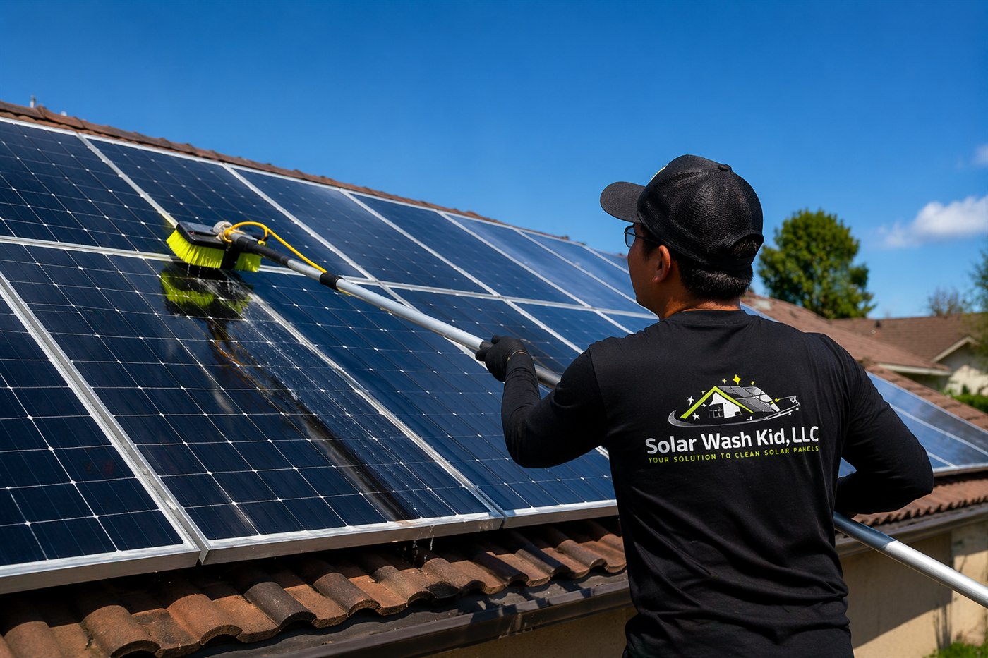 Solar Wash Kid technician cleaning rooftop solar panels