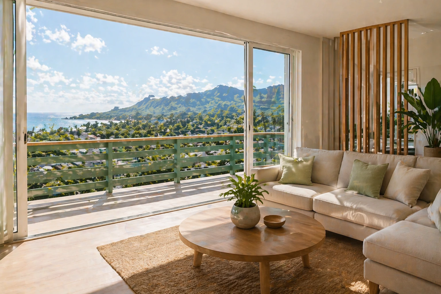 Bright Oahu living room with large glass doors, mountain view, sofa, and wood divider